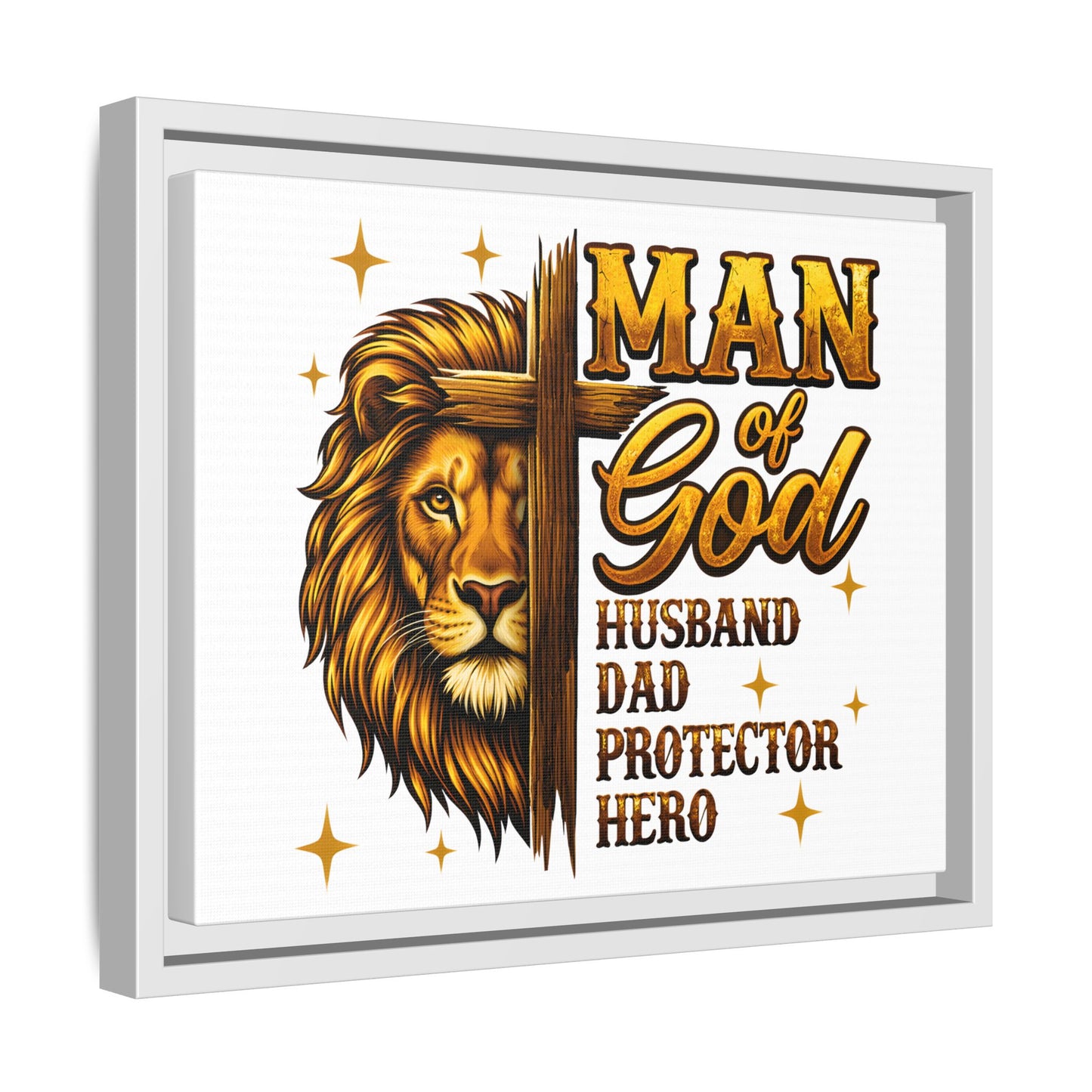 Man of God Framed Canvas Art — 'Man of God: Husband, Dad, Protector, Hero' Religious Wall Decor
