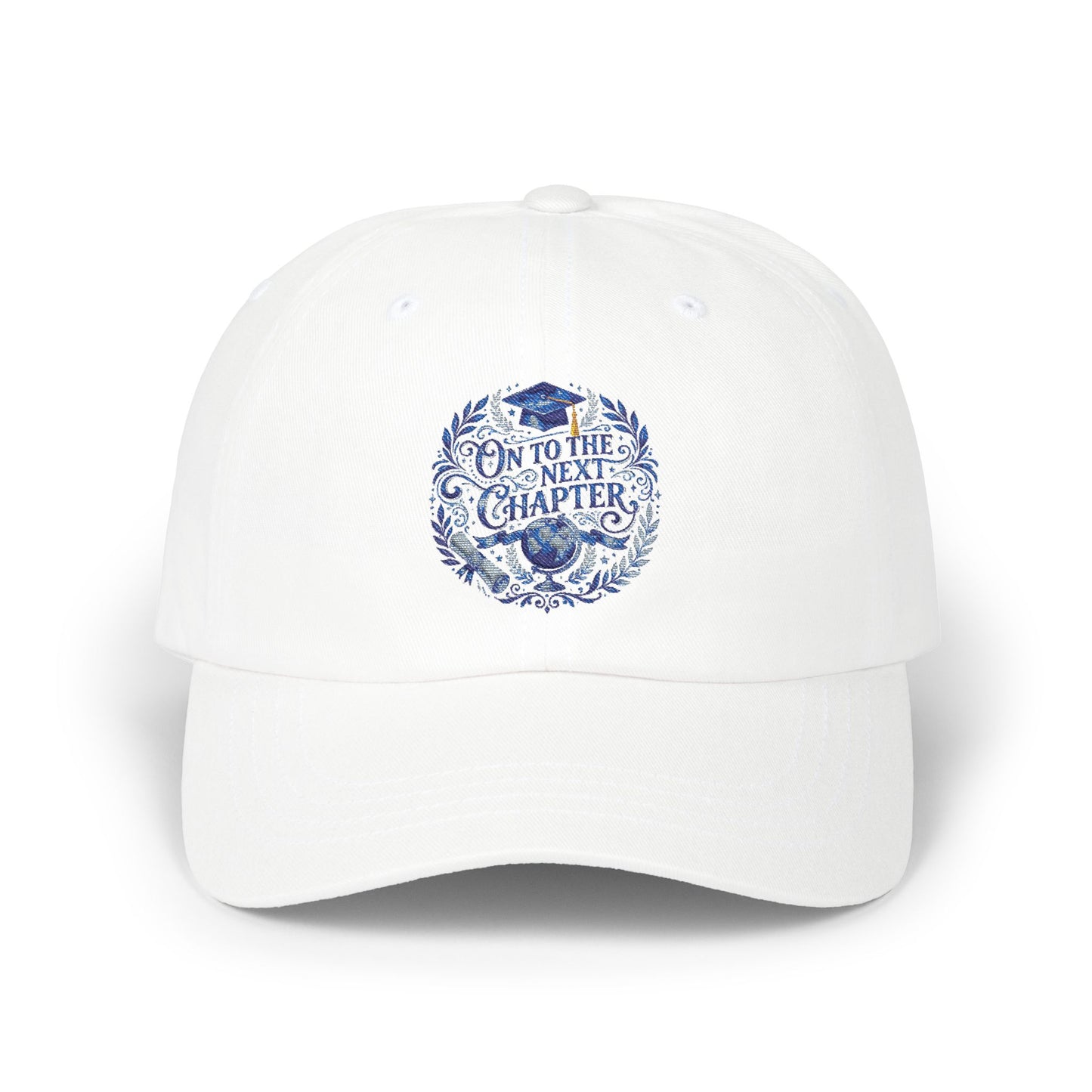 Dad Cap — ‘On to the Next Chapter’ Floral Embroidered White Baseball Hat