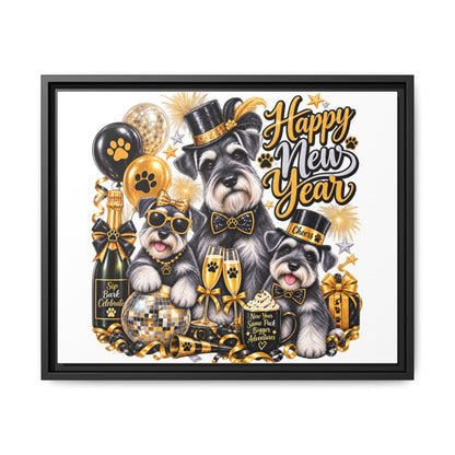 Happy New Year Schnauzer Holiday Canvas Print — Framed Matte Wall Art