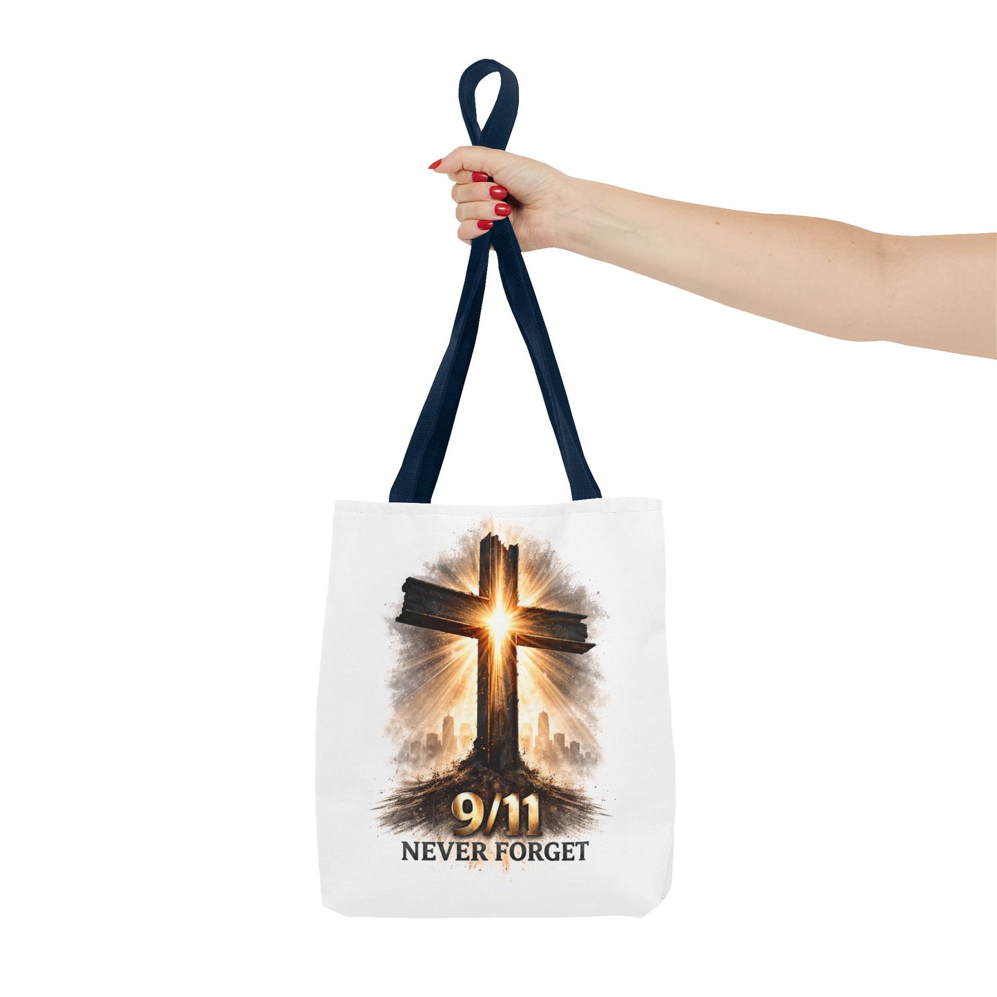 9/11 Never Forget Cross Memorial Tote Bag — Patriotic Remembrance Shopper