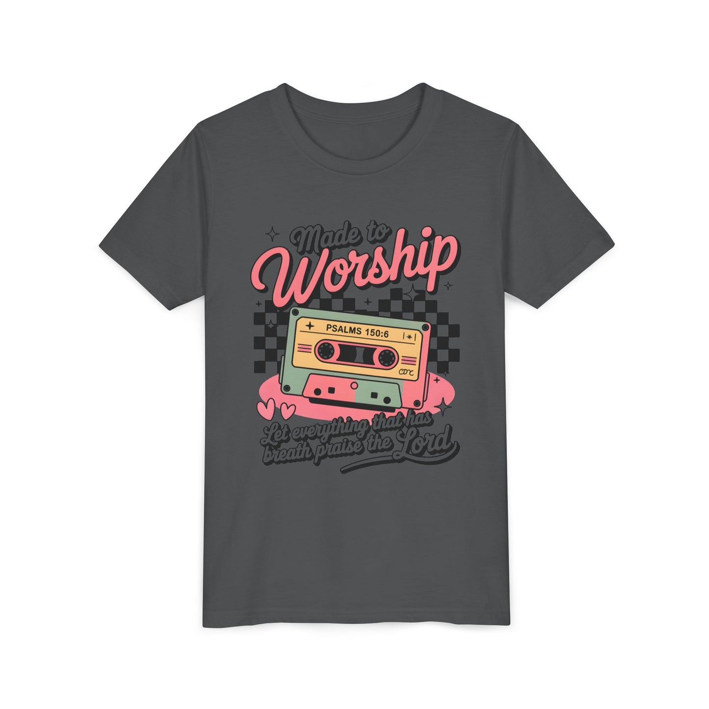 Made to Worship Youth Tee – Retro Cassette Christian Kids Shirt (Psalms 100:4)