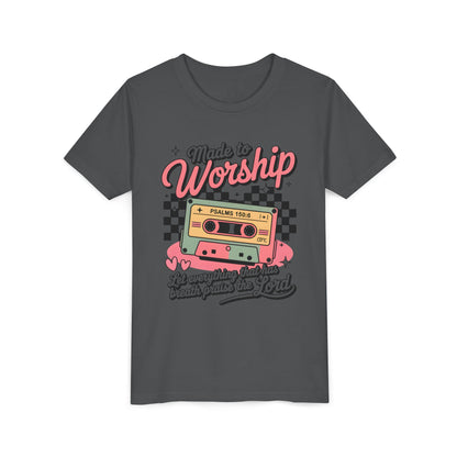 Made to Worship Youth Tee – Retro Cassette Christian Kids Shirt (Psalms 100:4)