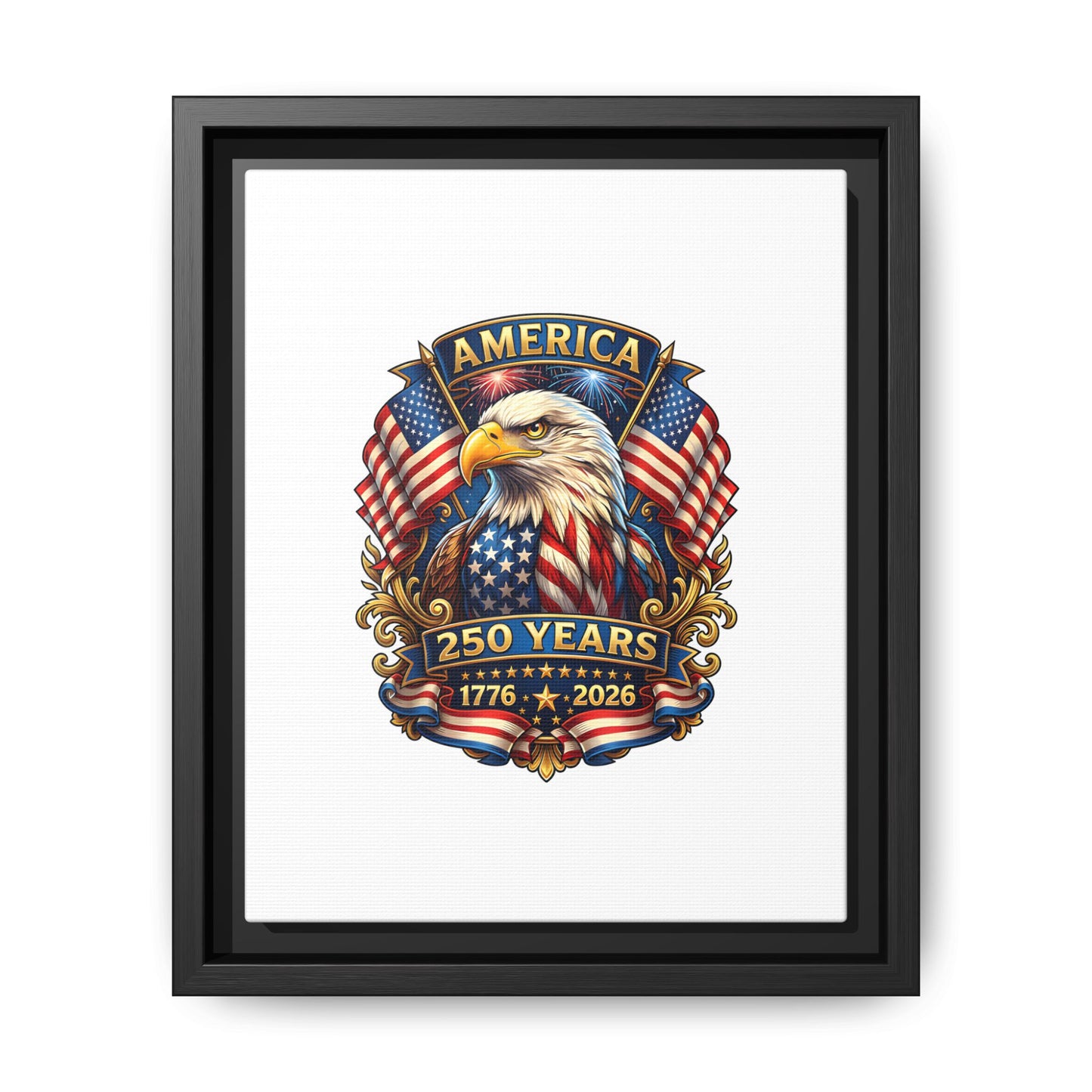 America 250th Anniversary Framed Canvas — Patriotic Bald Eagle Wall Art