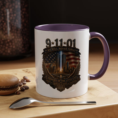 9/11 Memorial Coffee Mug — 'We Will Never Forget' Tribute Accent Mug