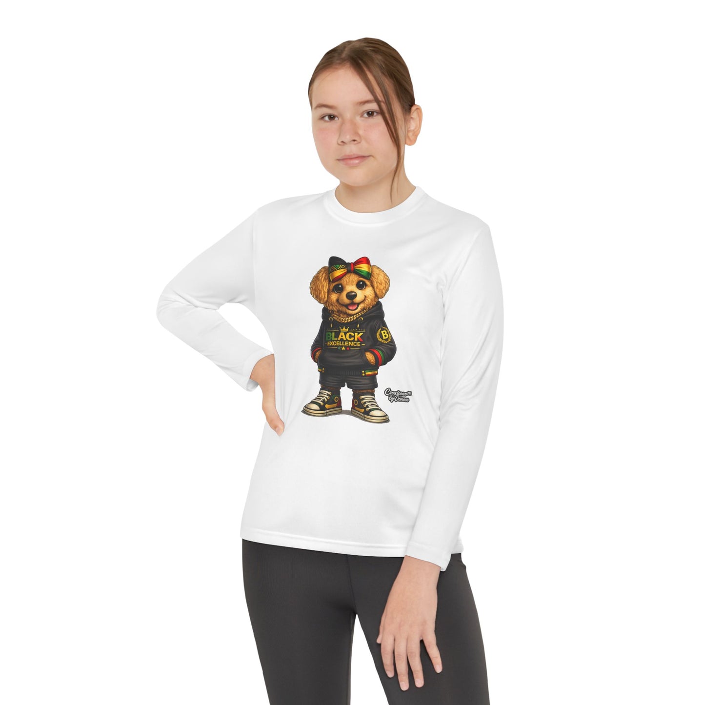 Youth Long Sleeve Tee — Trendy Bear Graphic "Black Excellence"