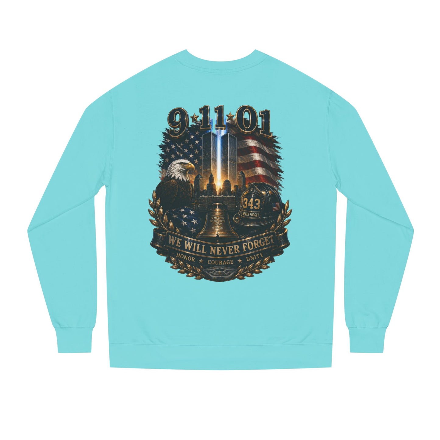 9/11 Remembrance Crewneck Sweatshirt — We Will Never Forget Memorial Tee