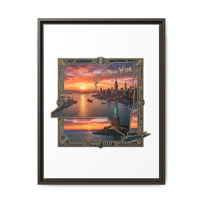 Framed Matte Canvas Wall Art — New York City Sunset Skyline with Statue of Liberty