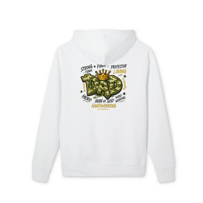 Dad Hoodie — 'Dad' Crown Graphic with 'Strong • Funny • Protector' Typography