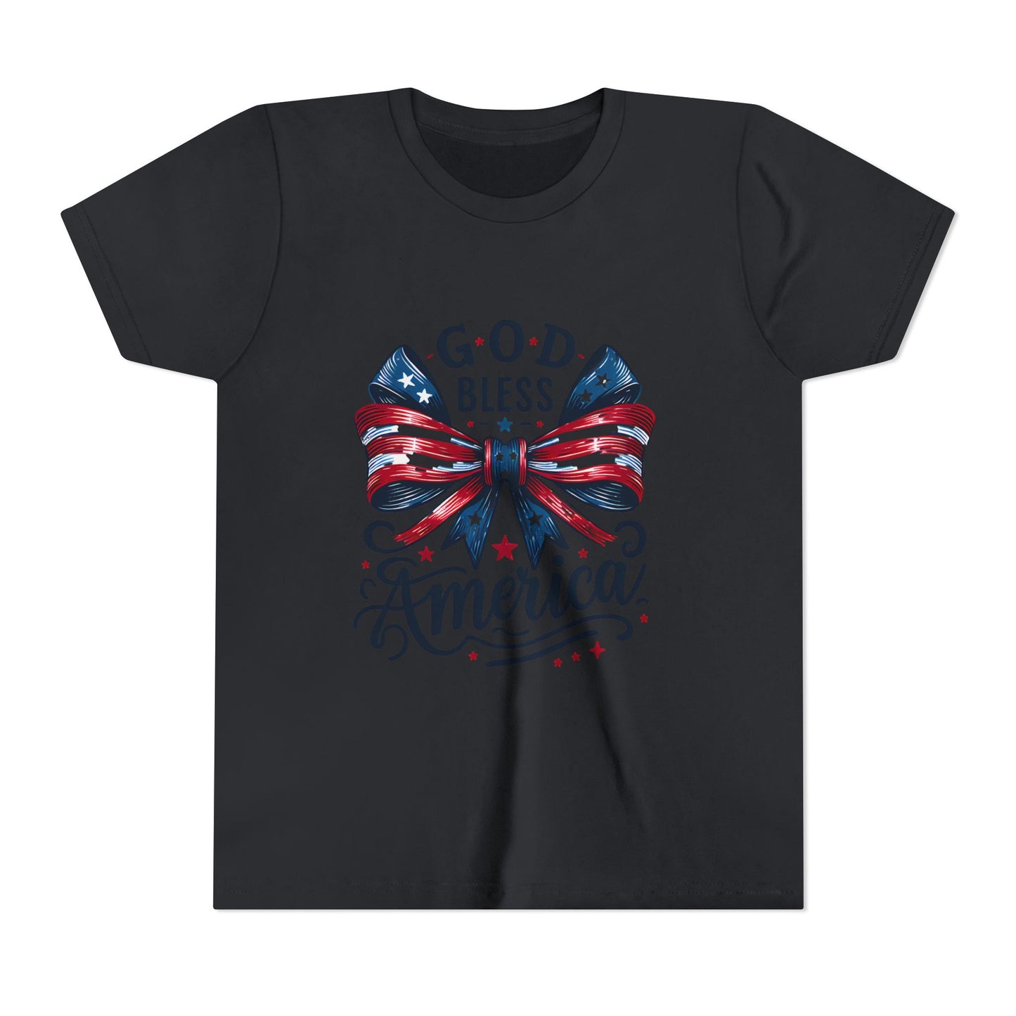 Youth Tee — "God Bless America" Patriotic Bow T-Shirt (4th of July, Memorial Day)
