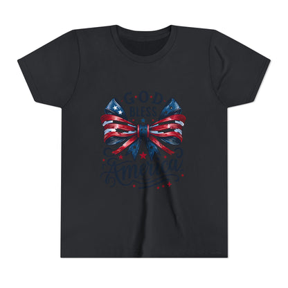Youth Tee — "God Bless America" Patriotic Bow T-Shirt (4th of July, Memorial Day)