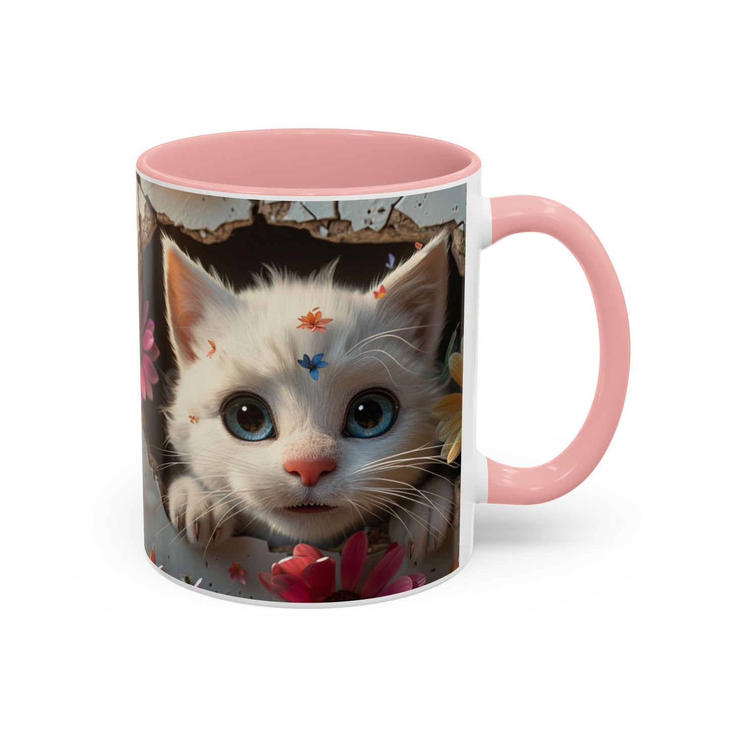 Cute White Kitten Coffee Mug – Floral Accent 11/15oz