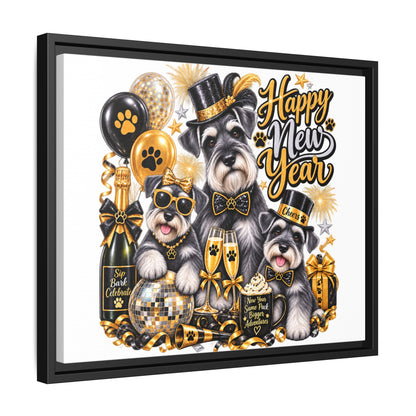Happy New Year Schnauzer Holiday Canvas Print — Framed Matte Wall Art