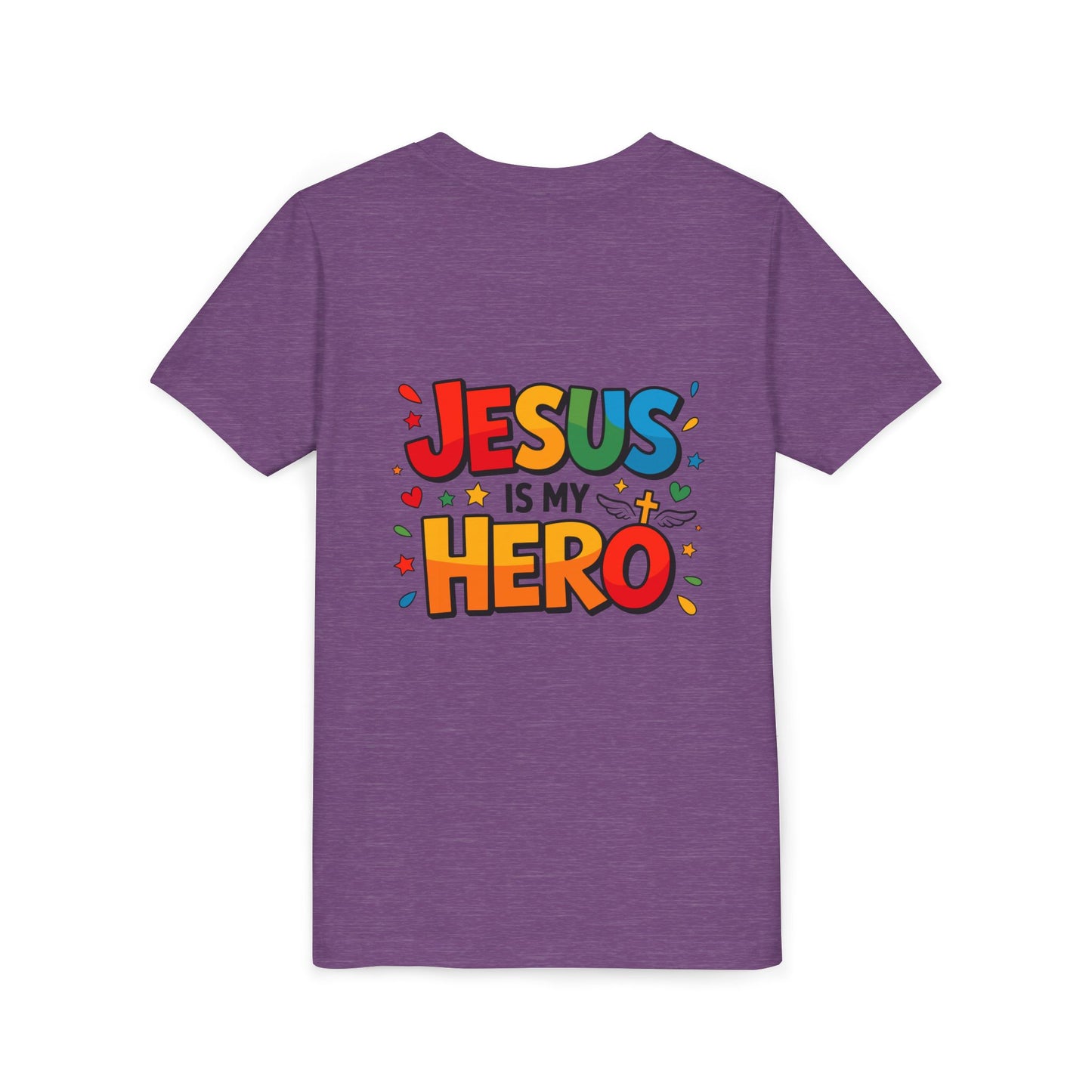 Youth Tee — "Jesus Is My Hero" Colorful Kids Christian T-Shirt