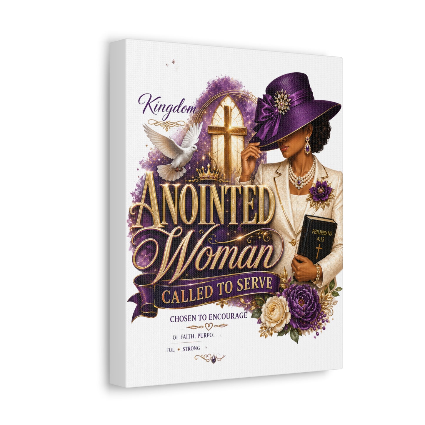 Anointed Woman Stretched Canvas — "Called to Serve" Faith Wall Art (Purple Hat & Bible)