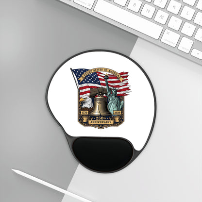 Patriotic 250th Anniversary Mouse Pad with Wrist Rest — Liberty Bell & Statue of Liberty Design