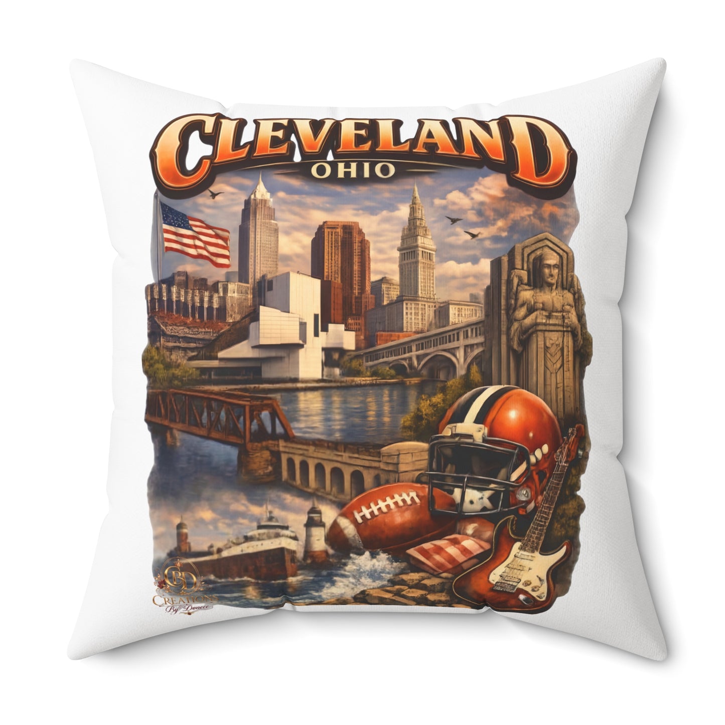 Cleveland Vintage Skyline Throw Pillow – Ohio Cityscape with Football & Rock Icons
