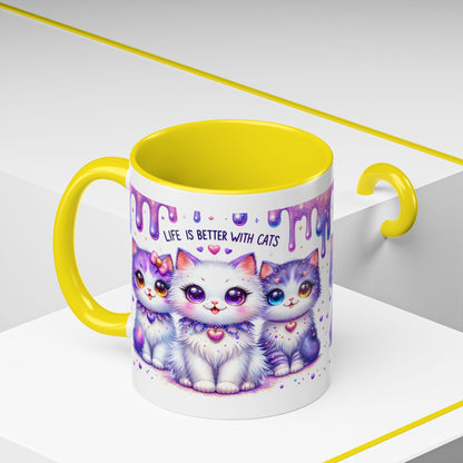 Cute Purple Kawaii Cats Accent Coffee Mug – "Life Is Better With Cats" (11/15 oz)