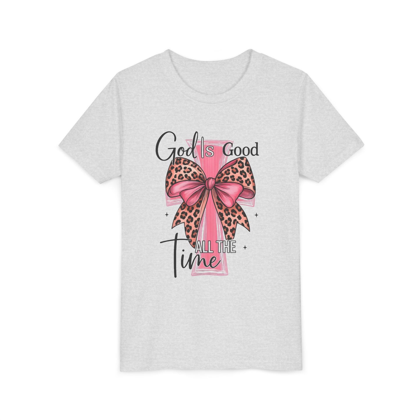 Youth Tee — "God is Good All the Time" Pink Cross with Leopard Bow