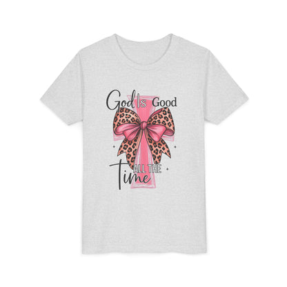 Youth Tee — "God is Good All the Time" Pink Cross with Leopard Bow