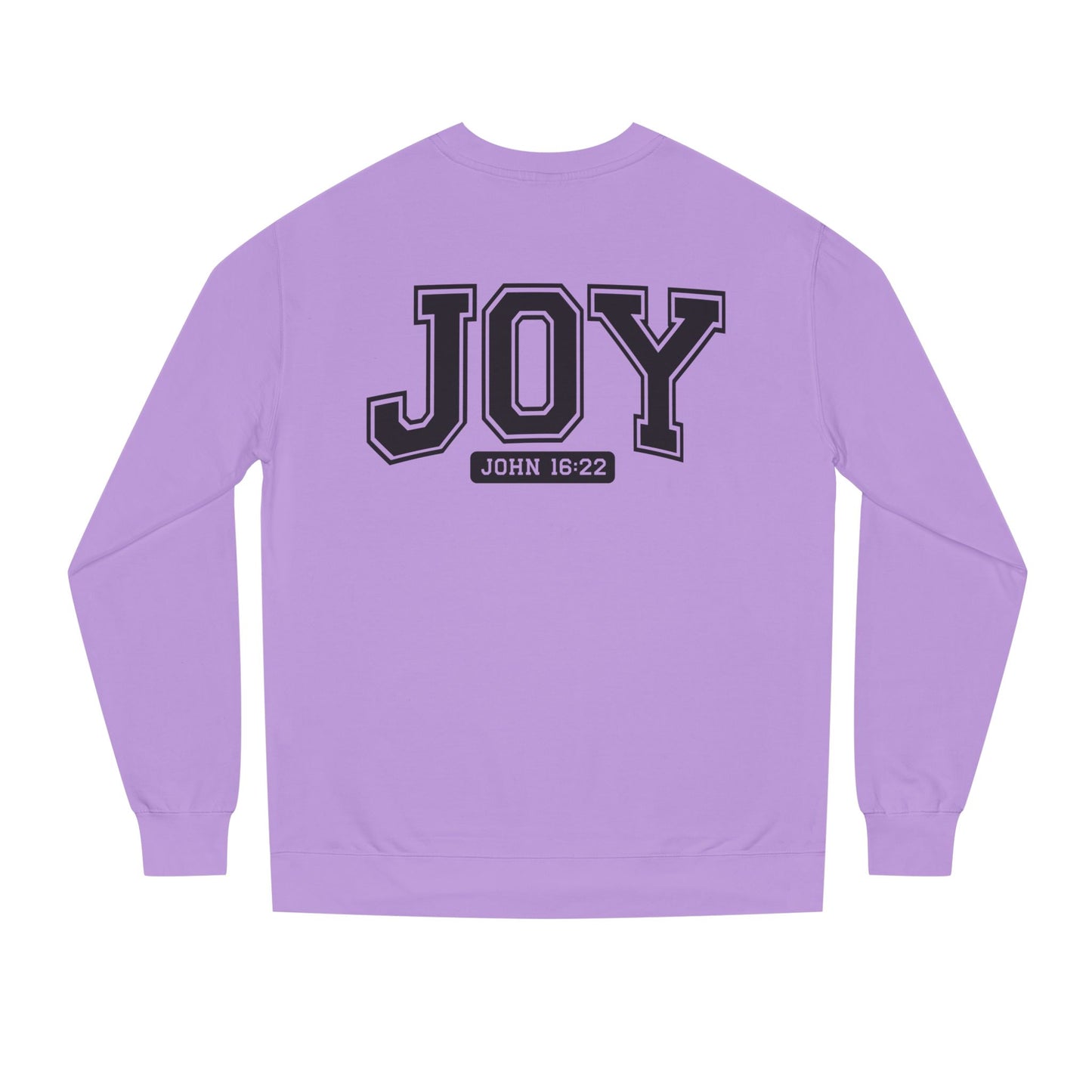 JOY Crewneck Sweatshirt — Bold Collegiate Faith Design (John 16:22)
