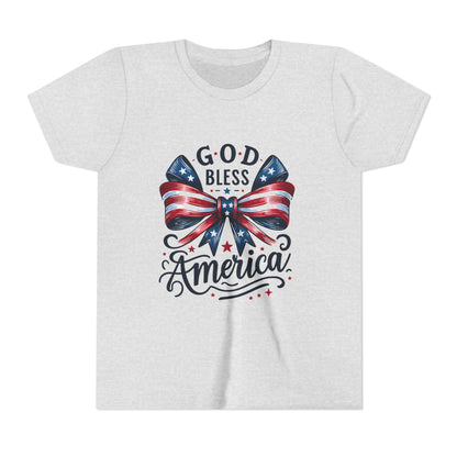 Youth Tee — "God Bless America" Patriotic Bow T-Shirt (4th of July, Memorial Day)