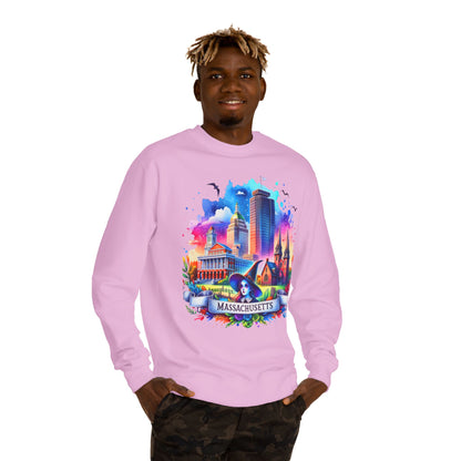 Massachusetts Skyline Crewneck Sweatshirt — Colorful Boston Landmark Graphic