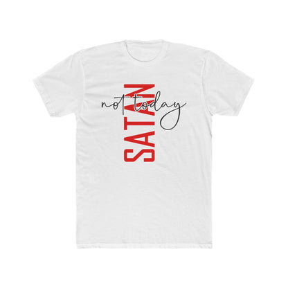 Crew Tee — "No Today Satan" Vertical Red Text Graphic T‑Shirt