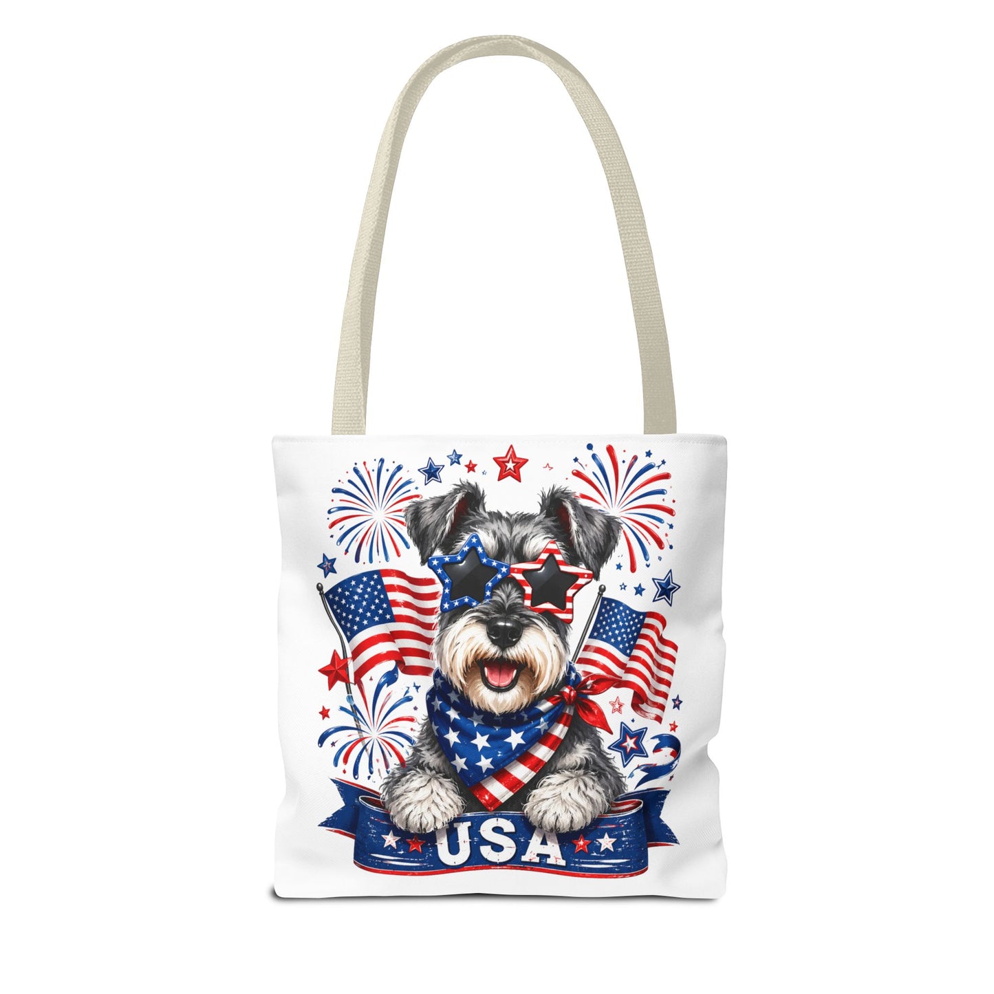 Patriotic Schnauzer Tote Bag — USA Flag Fireworks All-Over Print