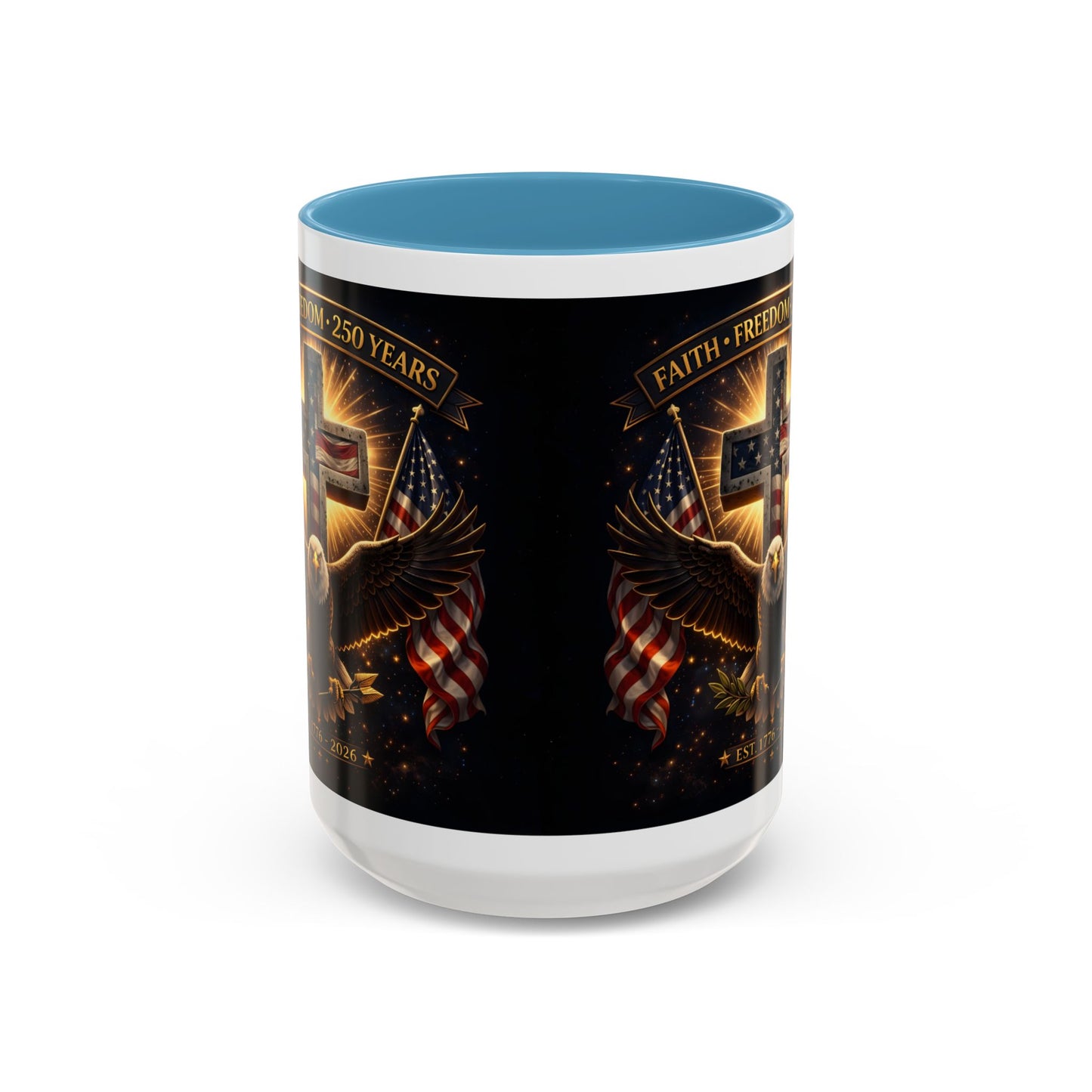 Patriotic Faith & Freedom Accent Coffee Mug — Eagle, Cross & American Flag (1776–2026)