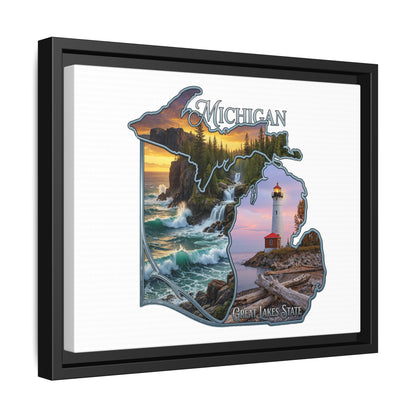 Michigan Framed Canvas Wall Art — Great Lakes State Lighthouse & Shoreline Print