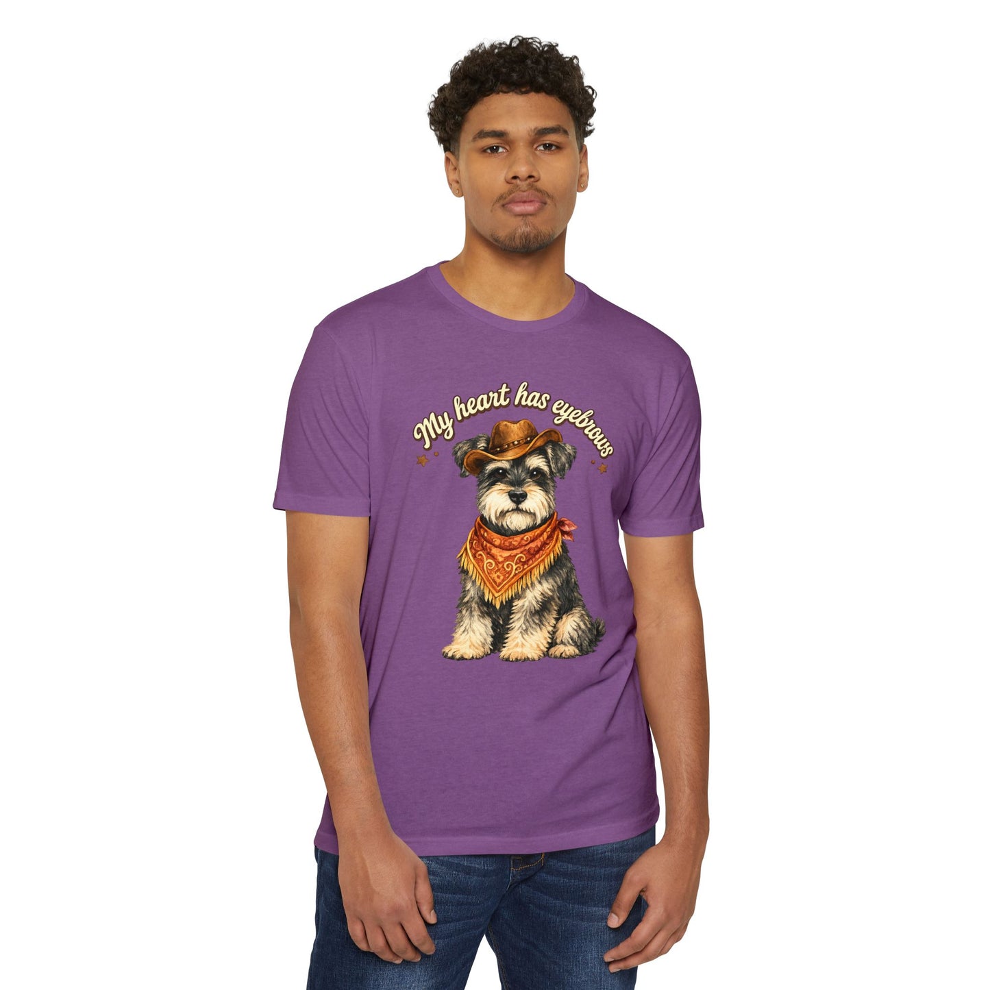 Schnauzer Cowboy T-Shirt — "My Heart Has Eyebrows" Cute Dog Graphic Tee