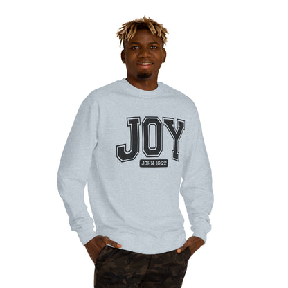 JOY Crewneck Sweatshirt — Bold Collegiate Faith Design (John 16:22)