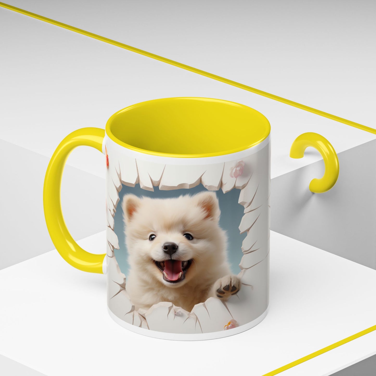 Pomeranian Peek Accent Coffee Mug — Cute Puppy Breakthrough Design (11/15 oz)