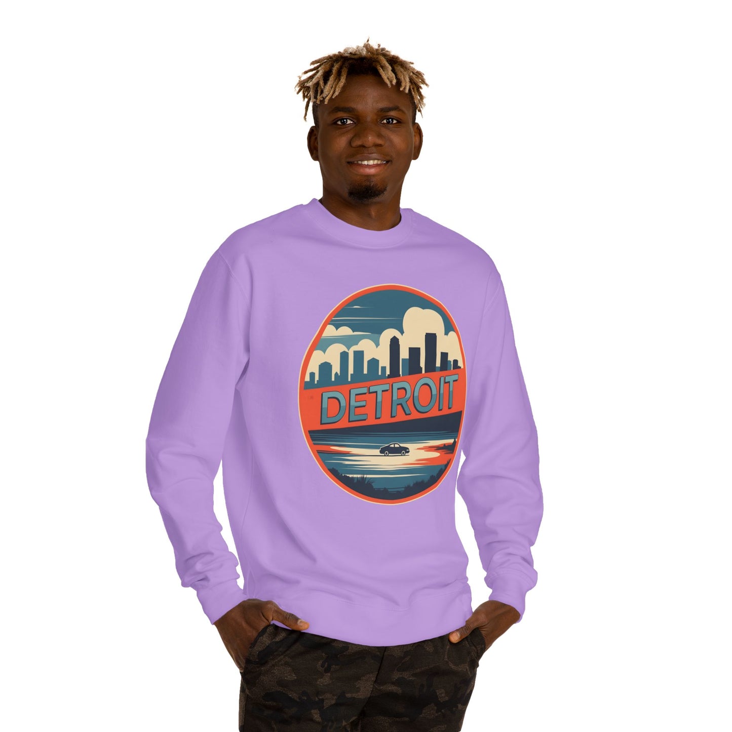 Detroit Skyline Crewneck Sweatshirt — Retro Sunset City Graphic