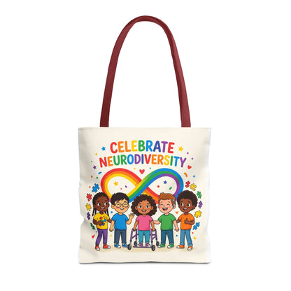 Celebrate Neurodiversity Tote Bag — Rainbow Infinity Symbol with Diverse Kids