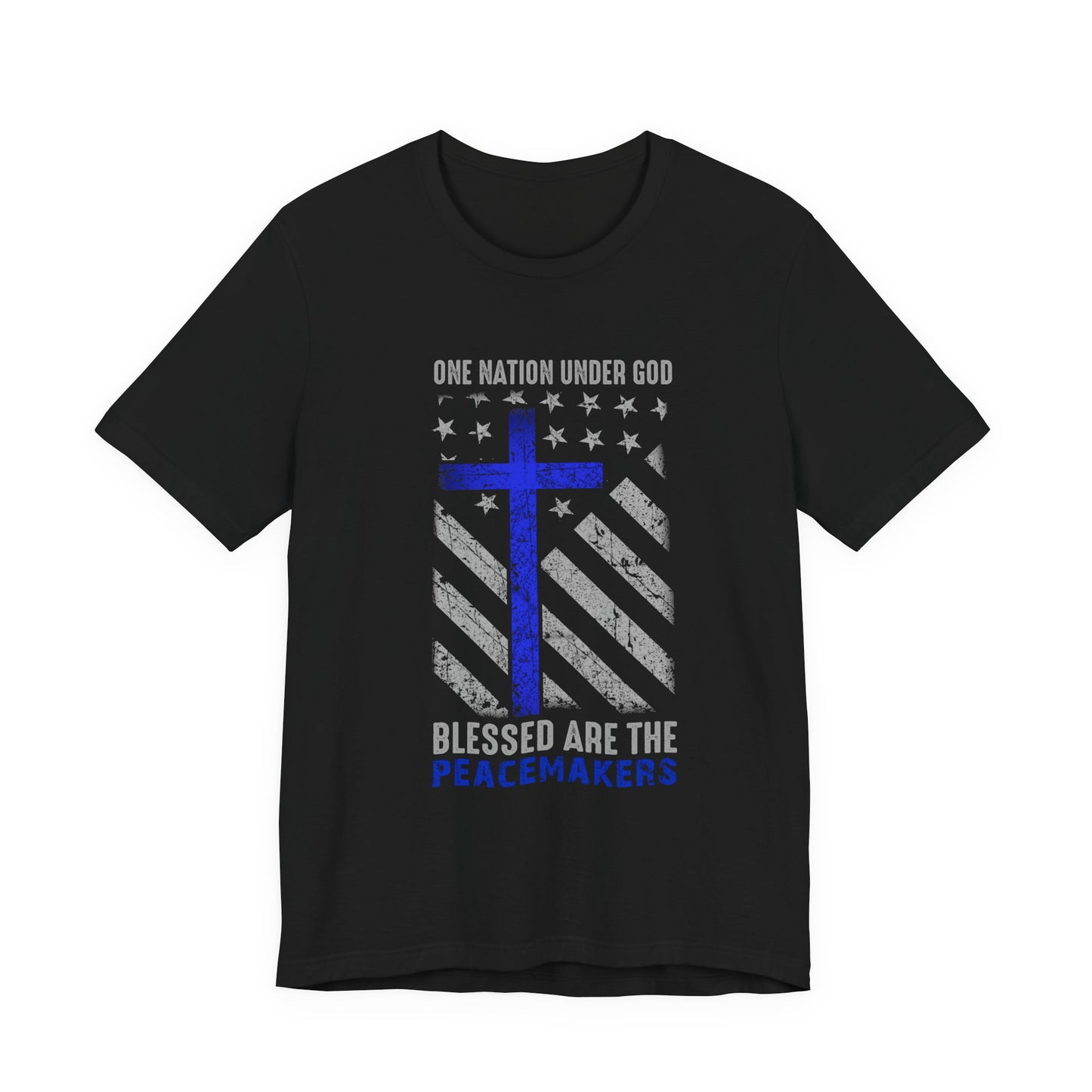 Blessed Are the Peacemakers T‑Shirt — Thin Blue Line Cross, "One Nation Under God" Patriotic Police Tee