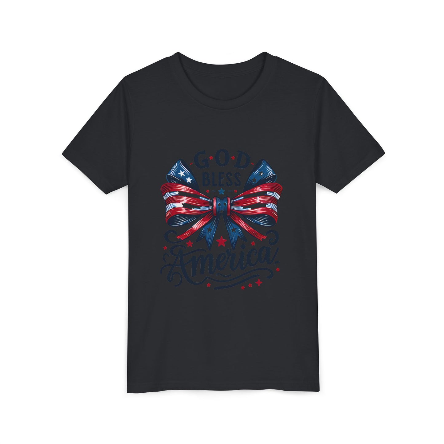 Youth Tee — "God Bless America" Patriotic Bow T-Shirt (4th of July, Memorial Day)
