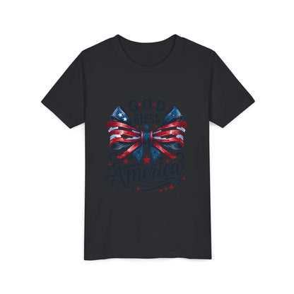 Youth Tee — "God Bless America" Patriotic Bow T-Shirt (4th of July, Memorial Day)