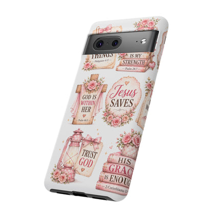 Christian Phone Case — Jesus Saves Floral Tough Case with 'God Is Within Her' & 'Trust God' Design