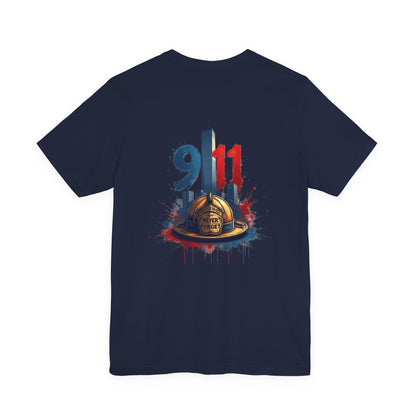 9/11 Firefighter Memorial Tee — Tribute T-Shirt with Helmet & Twin Towers Design