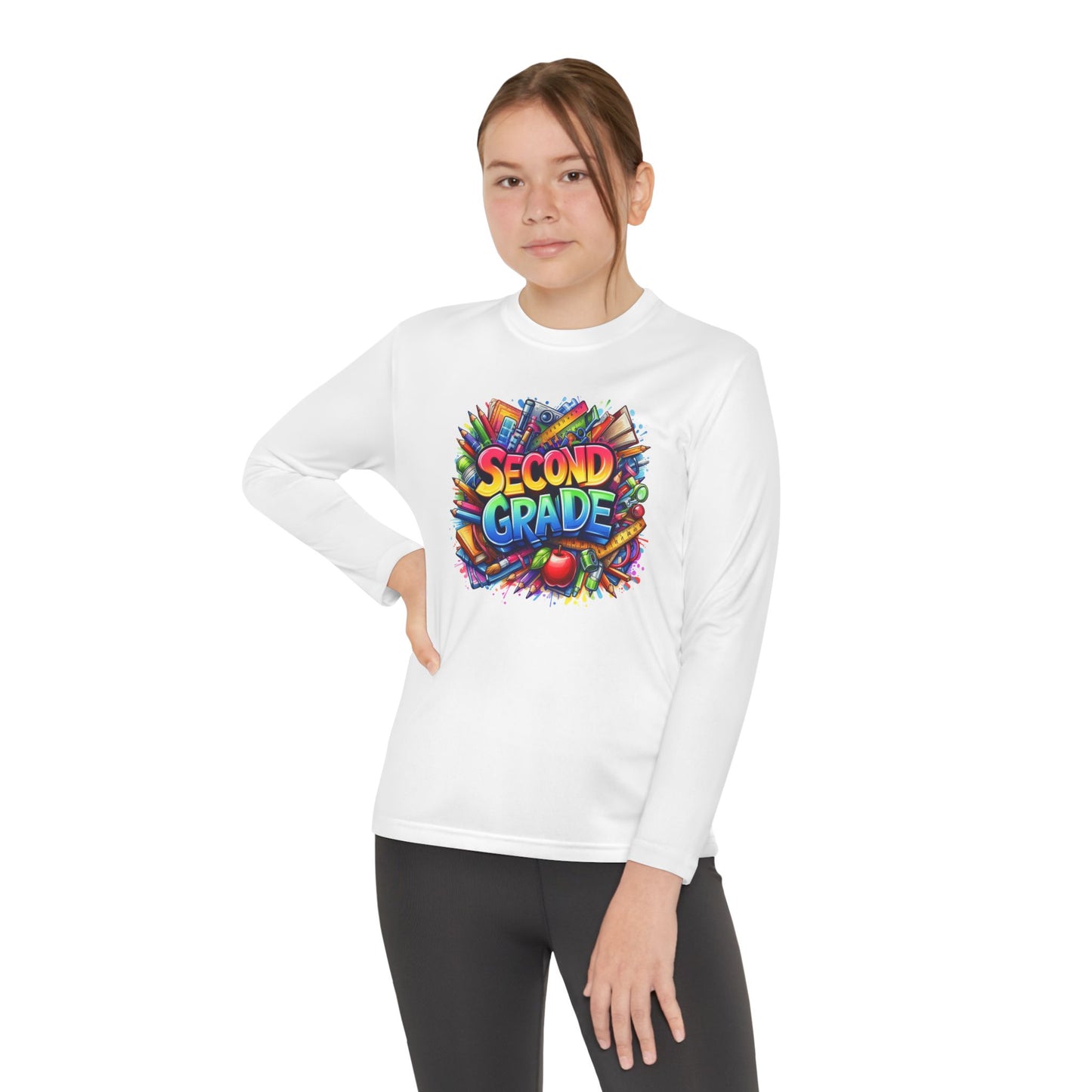 Second Grade Youth Long Sleeve Tee — Colorful School Supplies Back-to-School Shirt