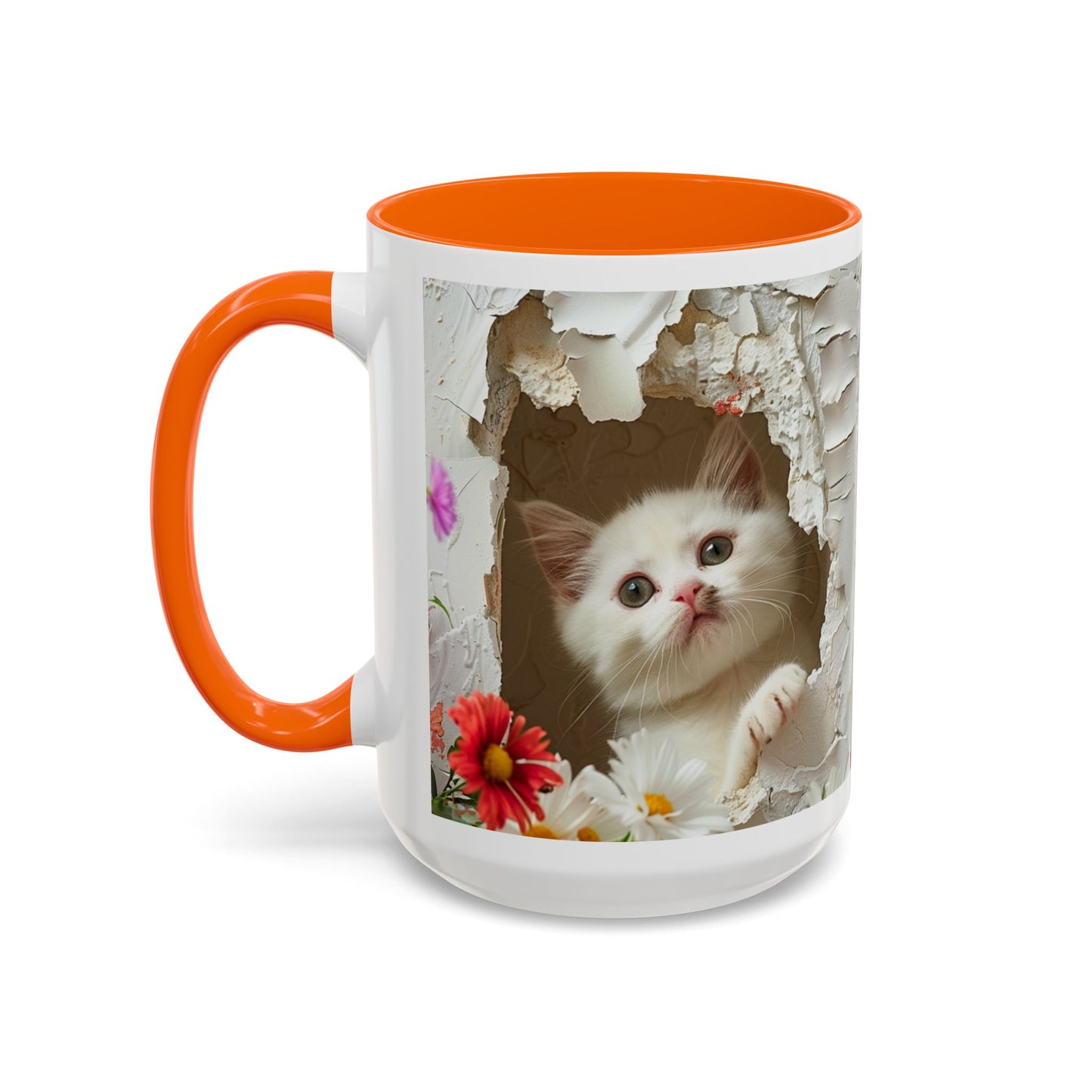 Peek-A-Boo Kitten Accent Coffee Mug — Cute Cat Floral Design (11/15oz)