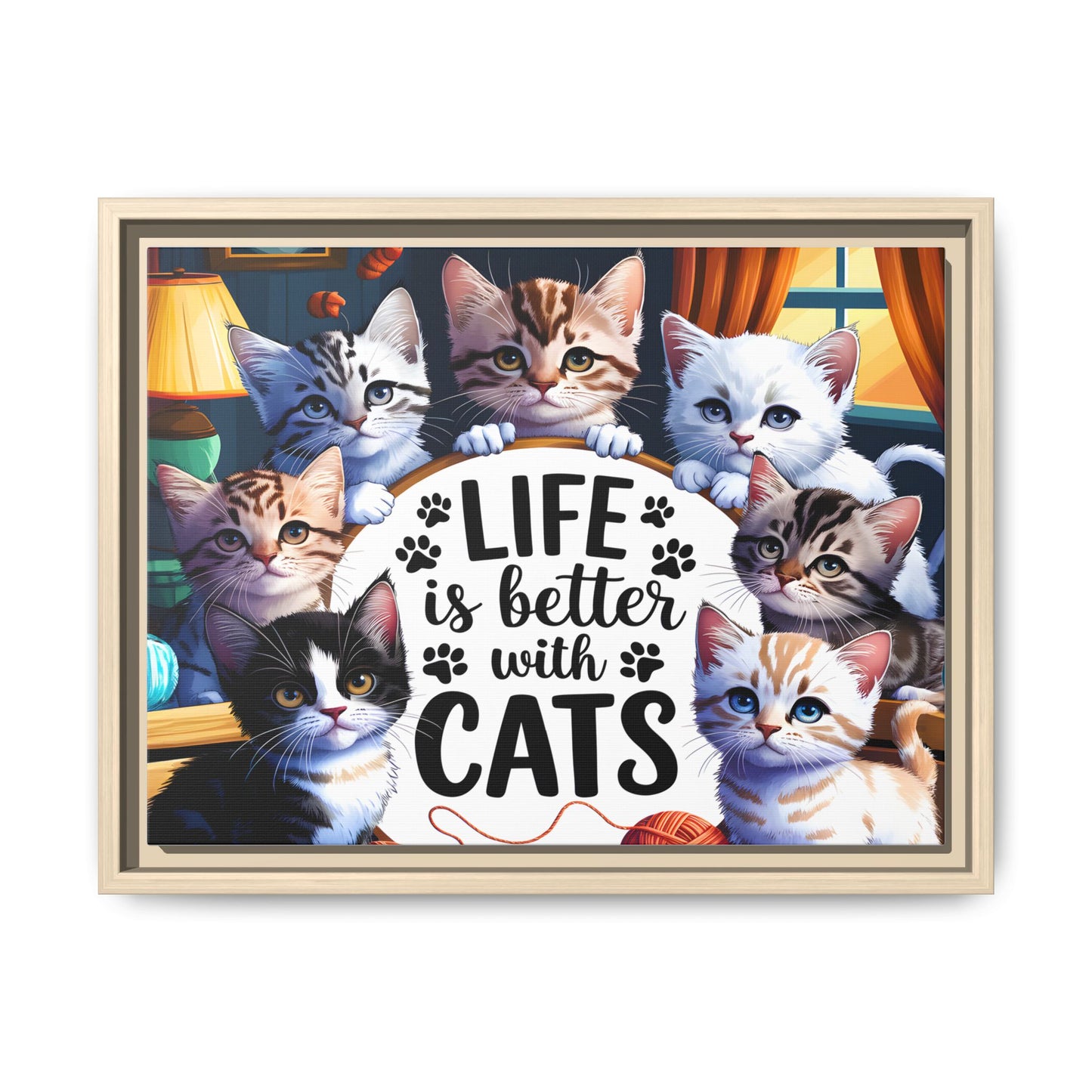 Framed Cat Canvas Wall Art — "Life Is Better With Cats" Matte Print