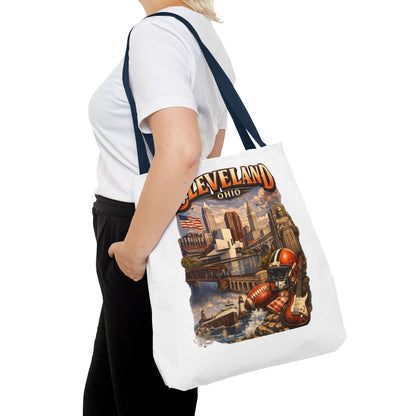 Cleveland Cityscape Tote Bag — Vintage Ohio Skyline & Sports Montage