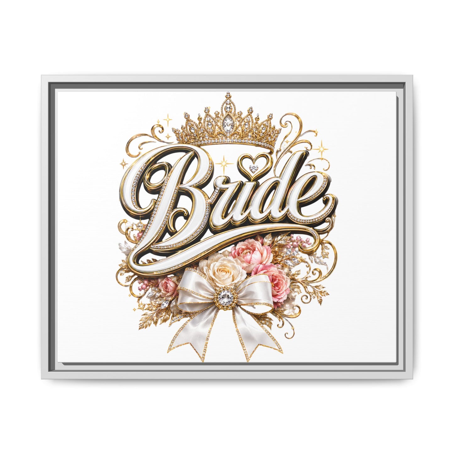 Framed Bride Canvas Wall Art — Elegant Bridal Crown & Floral Wedding Decor
