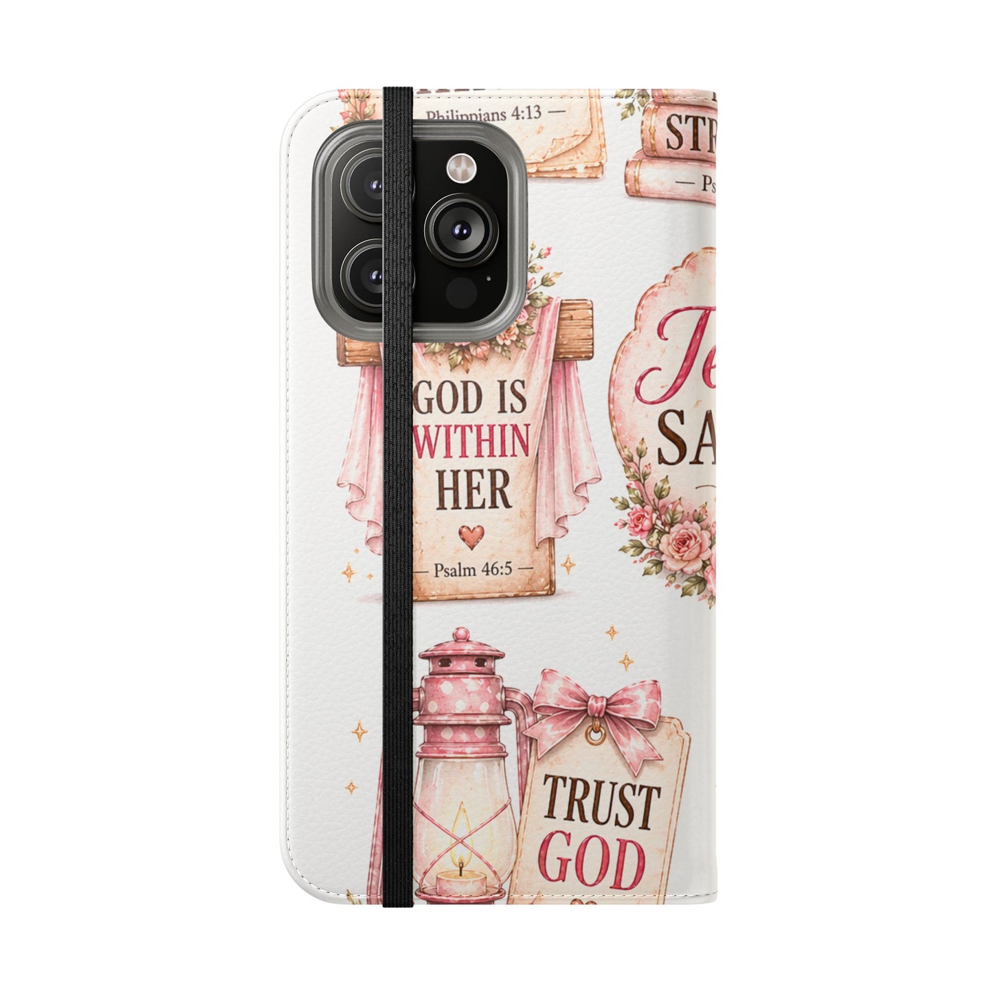 Christian Floral Phone Flip Case — "Jesus Saves" & Inspirational Scripture Wallet Cover
