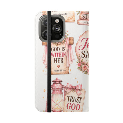 Christian Floral Phone Flip Case — "Jesus Saves" & Inspirational Scripture Wallet Cover