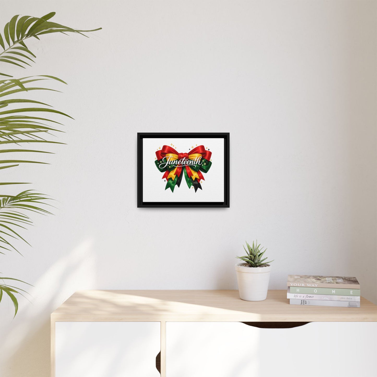 Juneteenth Framed Canvas Print – Festive Red, Green & Gold Ribbon Wall Art