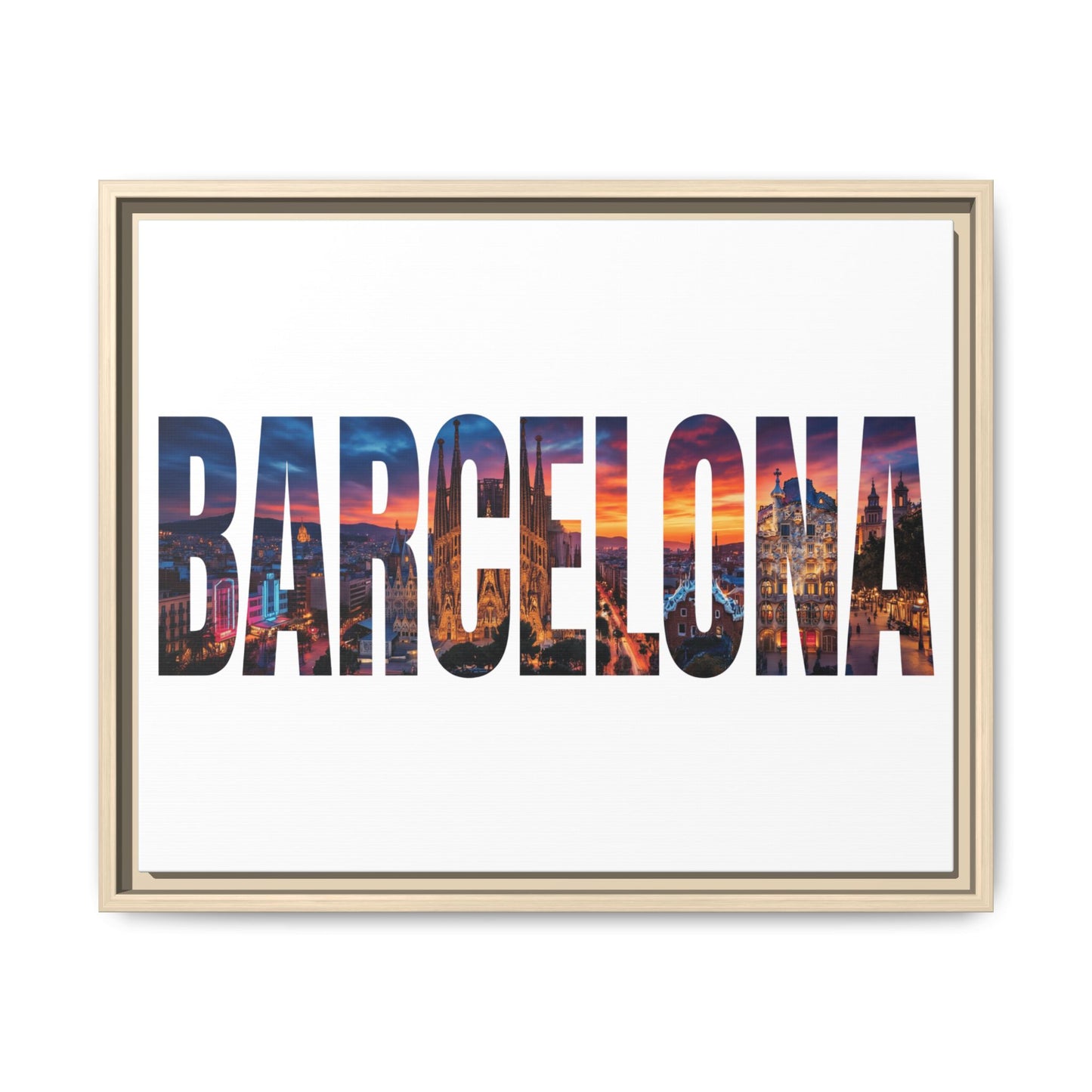 Barcelona Photo-Text Matte Canvas Print — Framed Cityscape Wall Art