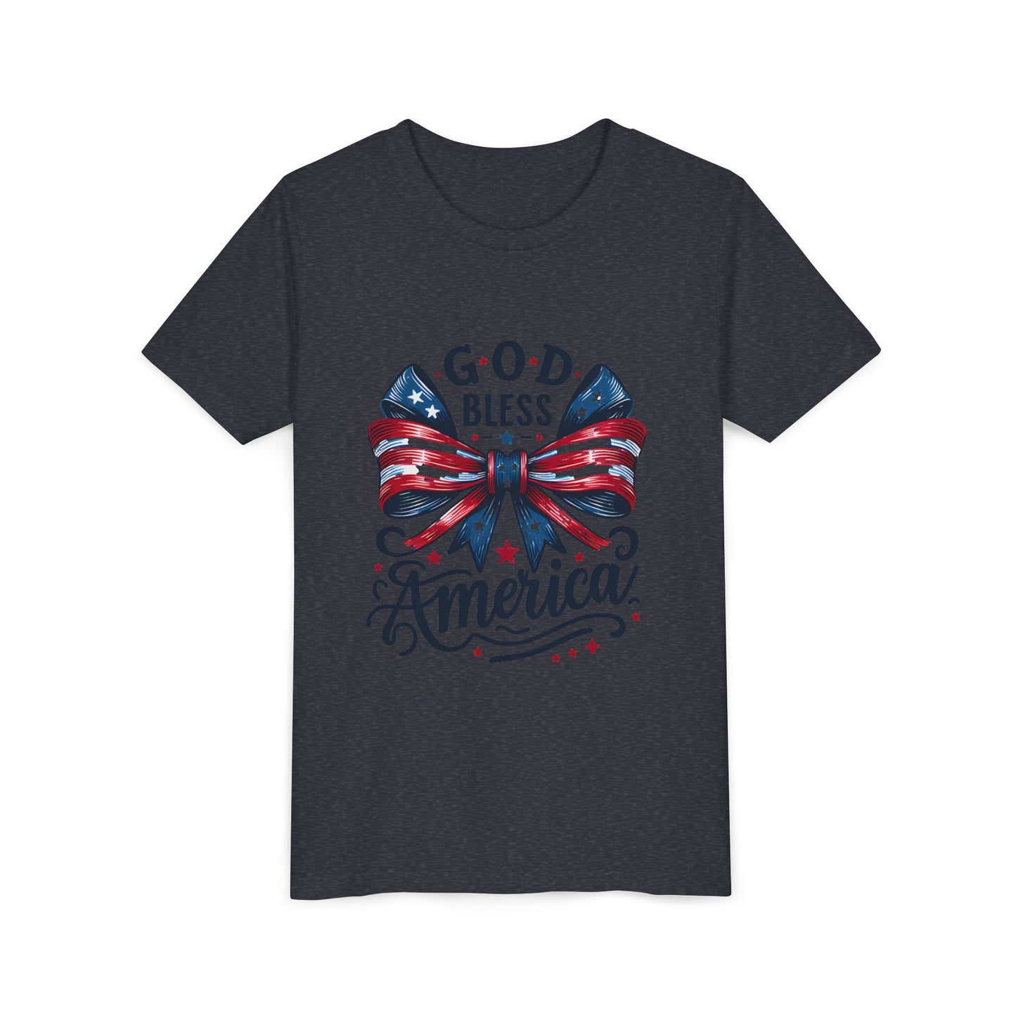 Youth Tee — "God Bless America" Patriotic Bow T-Shirt (4th of July, Memorial Day)